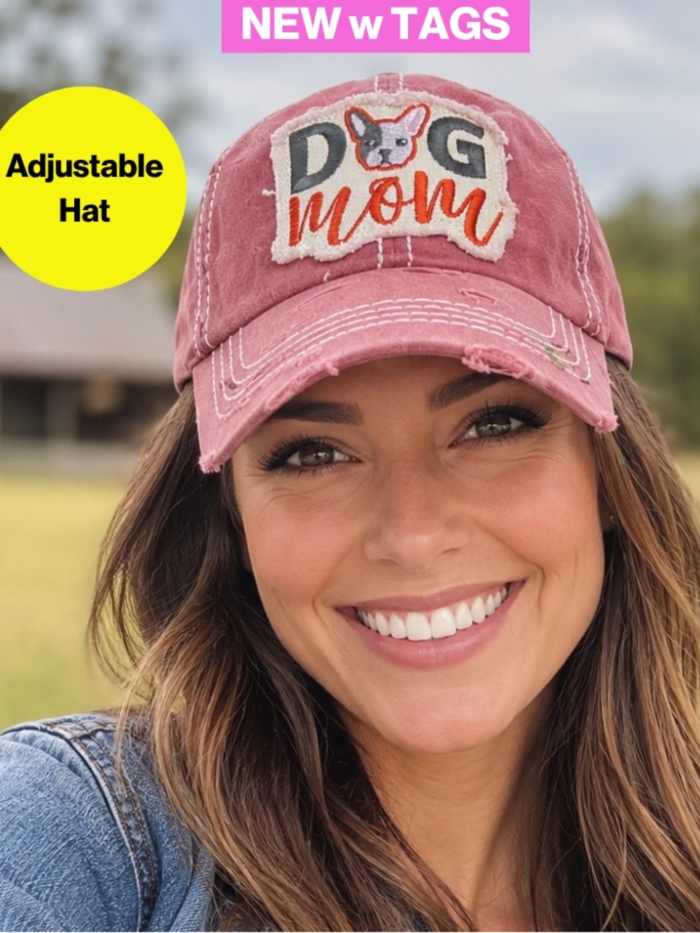 NEW w TAGS 🏷️ 3/for $15 🍒 Distressed “DOG MOM” Adjustable Baseball Cap